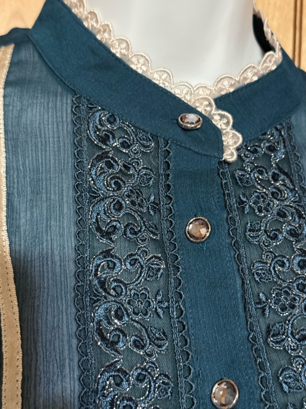 Victorian Teal Lace Bib Front Blouse •Size S• Sheer Chiffon Rhinestone Buttons - Picture 15 of 16